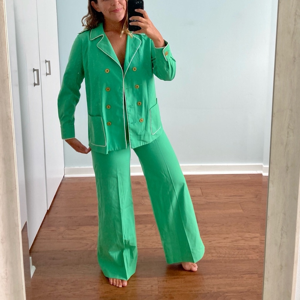 Vintage Bright Green Double-Breasted Blazer Jacket & Wide Leg Trouser Suit Set